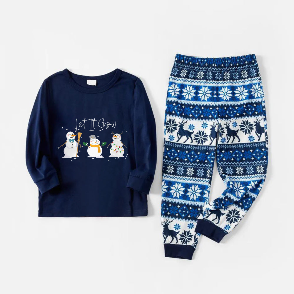 WW | Fröhliche blaue Weihnachts-Pyjama-Set mit Schneemann und Cheer-Textdrucken