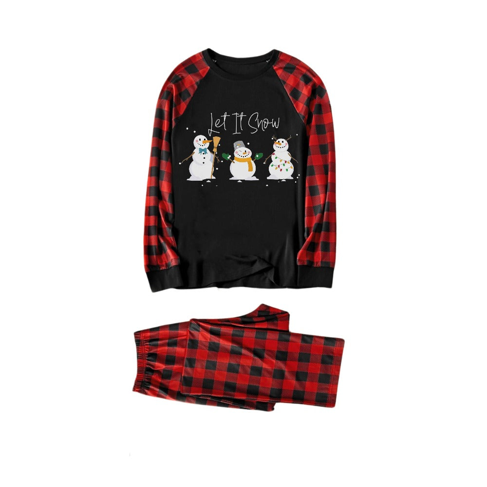 WW | Rotes und schwarzes karierter Weihnachts-Pyjama-Set mit Schneemann- und Slogan-Designs