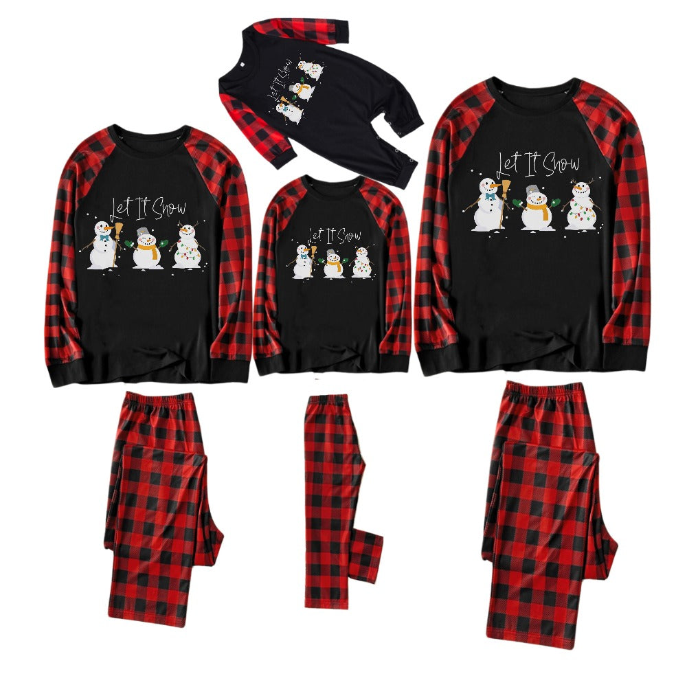 WW | Rotes und schwarzes karierter Weihnachts-Pyjama-Set mit Schneemann- und Slogan-Designs