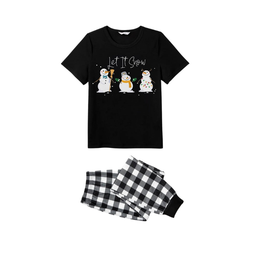 WW | Schwarz-Weiß kariertes kurzärmeliges Weihnachts-Pyjama-Set mit Schneemann- und Cheer-Textdrucks