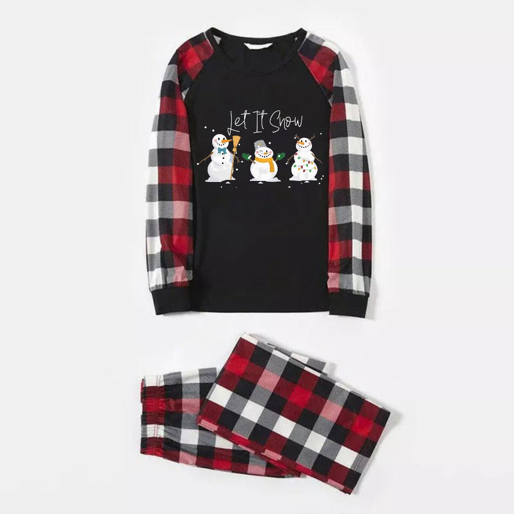 WW | Christmas Family Matching Pajamas - Red and Gray Plaid Pajama Set with "Let It Snow" and Festive Snowman Pattern Colorful Print