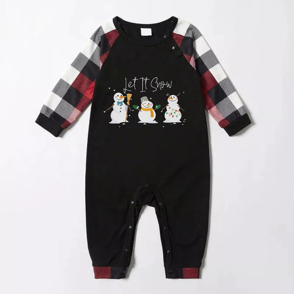 WW | Christmas Family Matching Pajamas - Red and Gray Plaid Pajama Set with "Let It Snow" and Festive Snowman Pattern Colorful Print