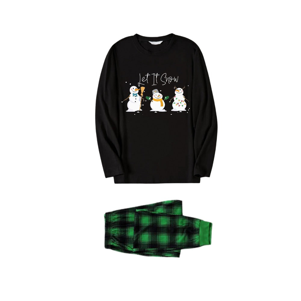 WW | Matching Family Christmas Pyjamas - Black Top and Green Plaid Trousers Set with Snowman and "Let It Snow" Print