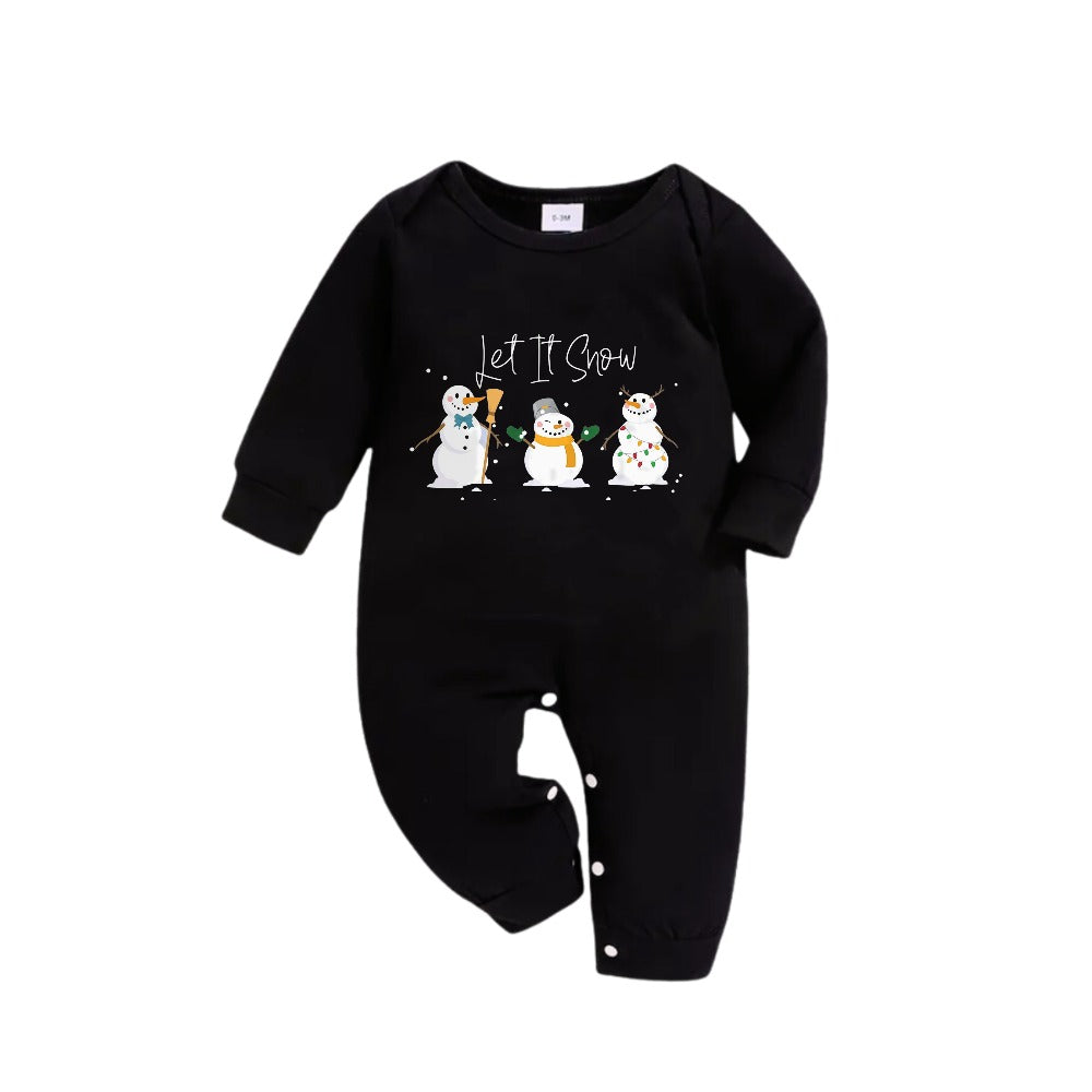 WW | Matching Family Christmas Pyjamas - Black Top and Green Plaid Trousers Set with Snowman and "Let It Snow" Print