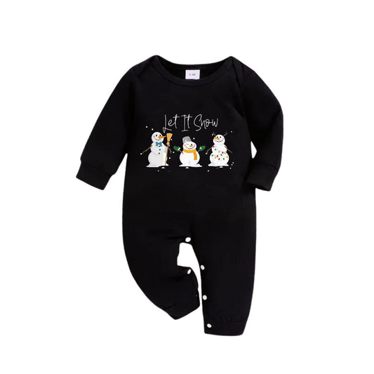 WW | Matching Family Christmas Pyjamas - Black Top and Green Plaid Trousers Set with Snowman and "Let It Snow" Print
