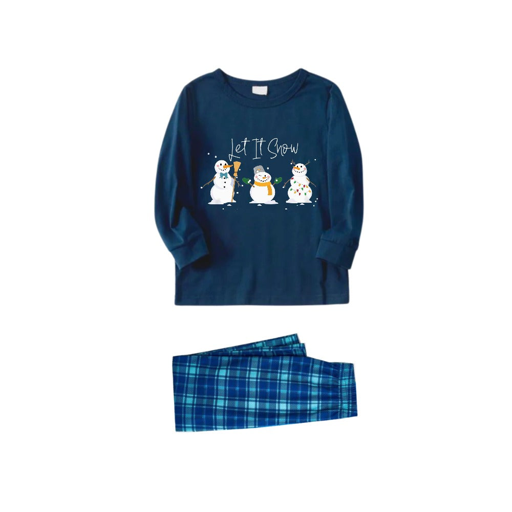 WW | Christmas Family Matching Pajamas - Navy & Sky Blue Plaid Pjs Set with "Let it snow" and Snowman Pattern Print
