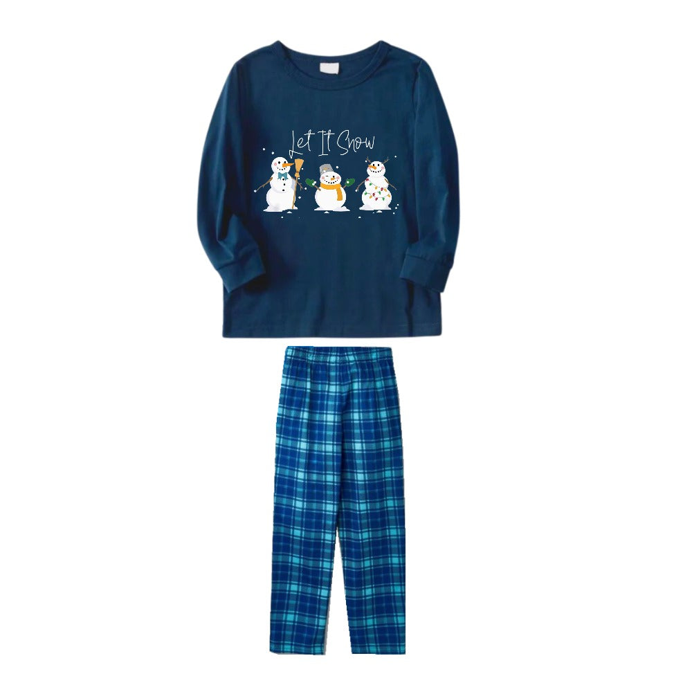 WW | Christmas Family Matching Pajamas - Navy & Sky Blue Plaid Pjs Set with "Let it snow" and Snowman Pattern Print