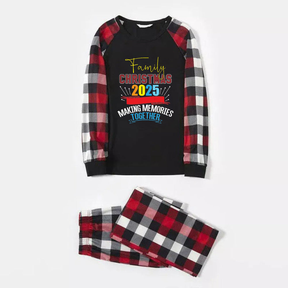 WW | Christmas Family Matching Pajamas - Red and Gray Plaid PJs with Colorful Print "Family Christmas 2025 Creating Memories Together"