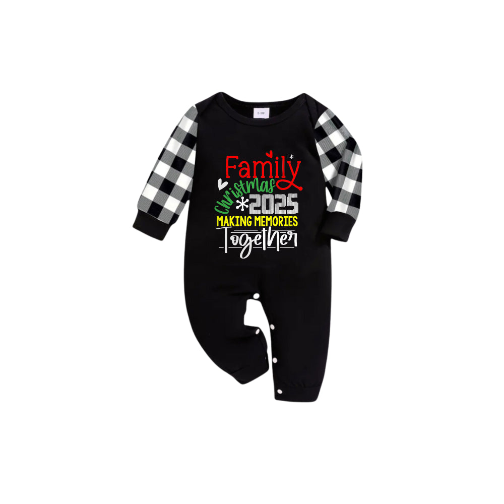 WW | Schwarz und Weiß Karierter Kurzarm Weihnachts-Pyjama-Set mit Weihnachtsfreude-Textdruck