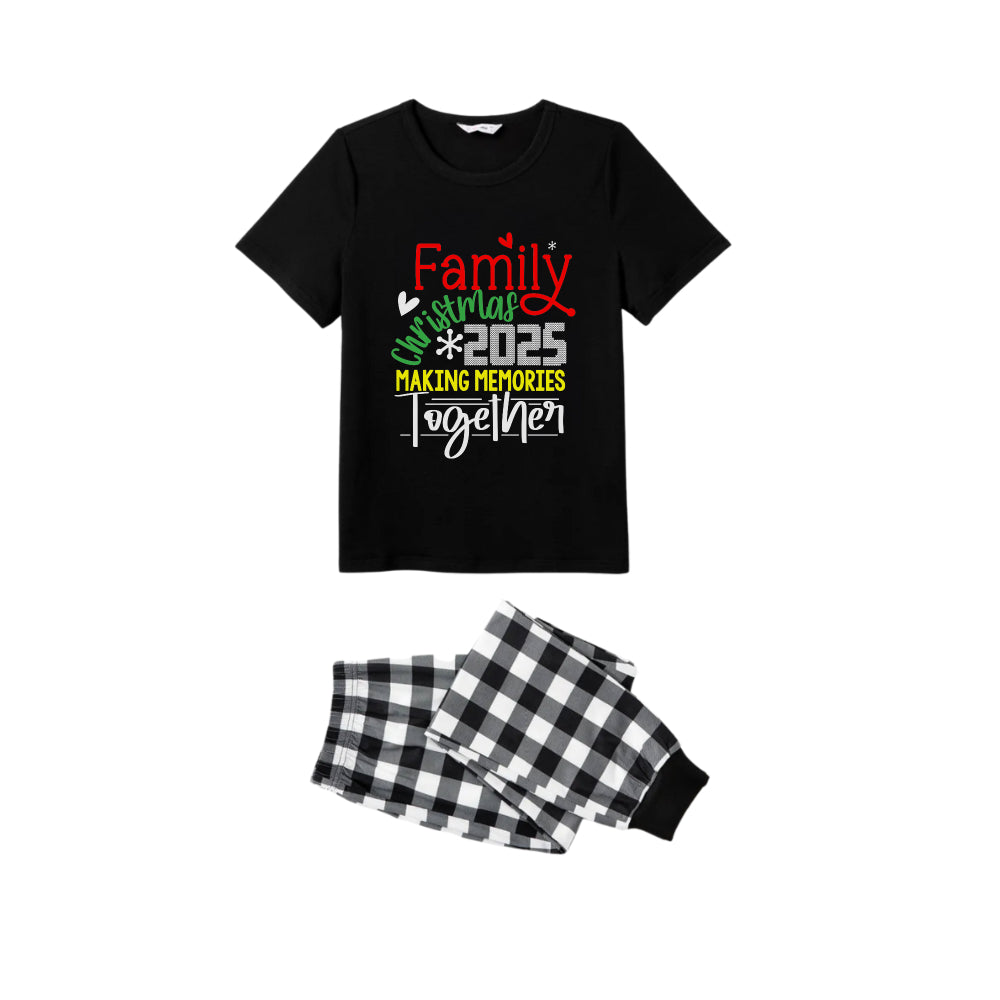 WW | Schwarz und Weiß Karierter Kurzarm Weihnachts-Pyjama-Set mit Weihnachtsfreude-Textdruck