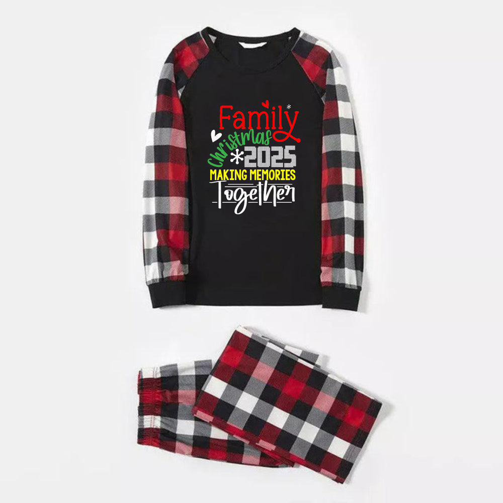 WW | Christmas Family Matching Pajamas - Red and Grey Plaid Pjs with "Family Christmas 2025 Making Memories Together" Colorful Slogan Print