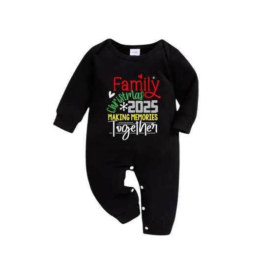 WW | Christmas Family Matching Pajamas - Black Top and Green Plaid Pants Pjs Set with "Family Christmas 2025 Making Memories Together" Slogan Print