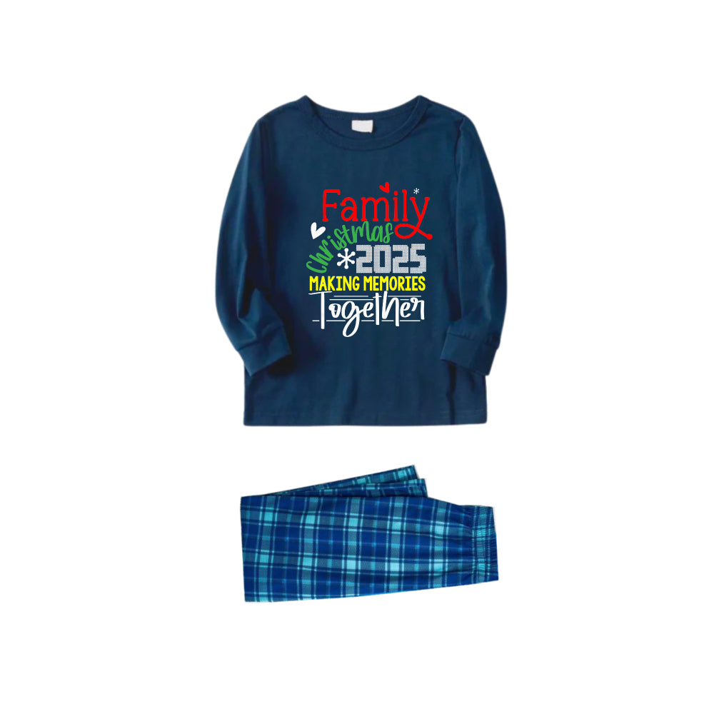 WW | Festive Family Matching Pajamas - Navy & Sky Blue Plaid PJ Set with "Family Christmas 2025 Making Memories Together" Artistic Calligraphy Print