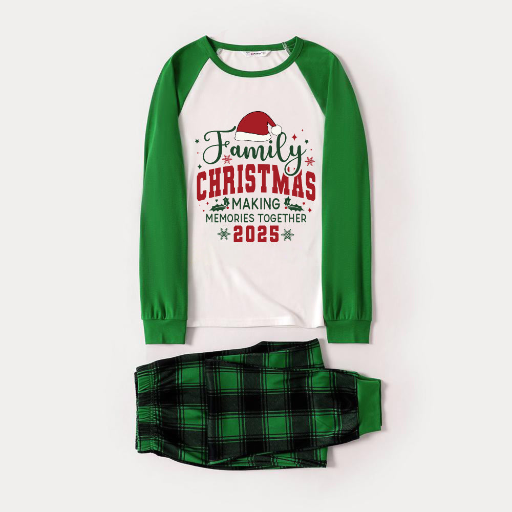 WW | Green Raglan Top Green Plaid Christmas Pajama Set With "FAMILY CHRISTMAS MEMORIES MADE TOGETHER 2025" Text Print