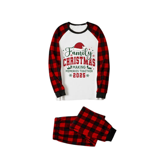 WW | Roter und schwarzer karierter Weihnachts-Pyjama-Set mit Santa-Hut und Weihnachts-Slogan-Druck