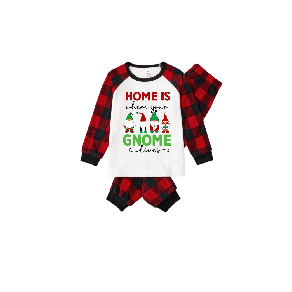 WW | Rote und schwarze kariierte Weihnachts-Pyjama-Set mit Gnomies Familie und Weihnachts-Slogan-Druck
