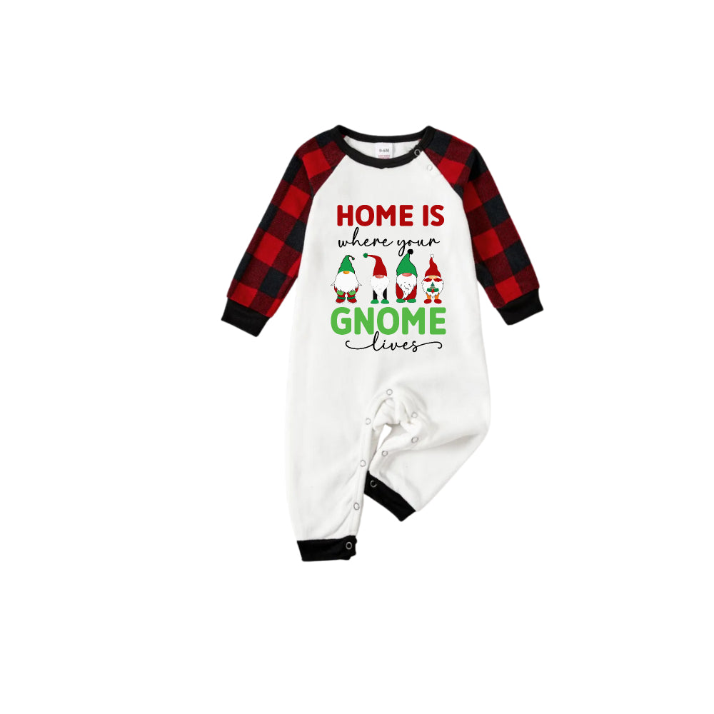 WW | Rote und schwarze kariierte Weihnachts-Pyjama-Set mit Gnomies Familie und Weihnachts-Slogan-Druck