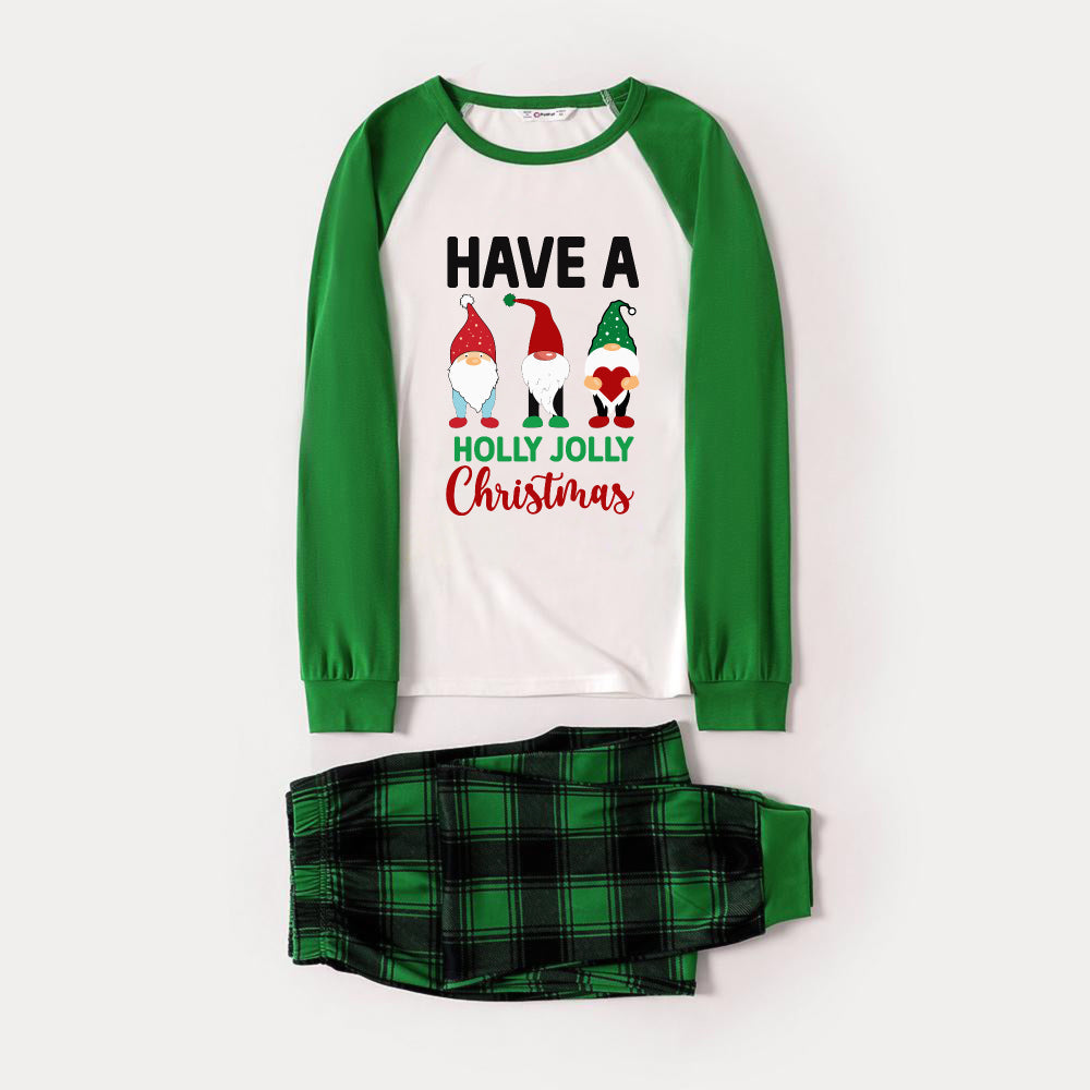 WW | Grünes Raglan-Oberteil Grünes Karomuster Weihnachts-Pyjama-Set mit Gnomen und "HABE EINEN FROHEN WEIHNACHTSFEIERTAG"-Druck