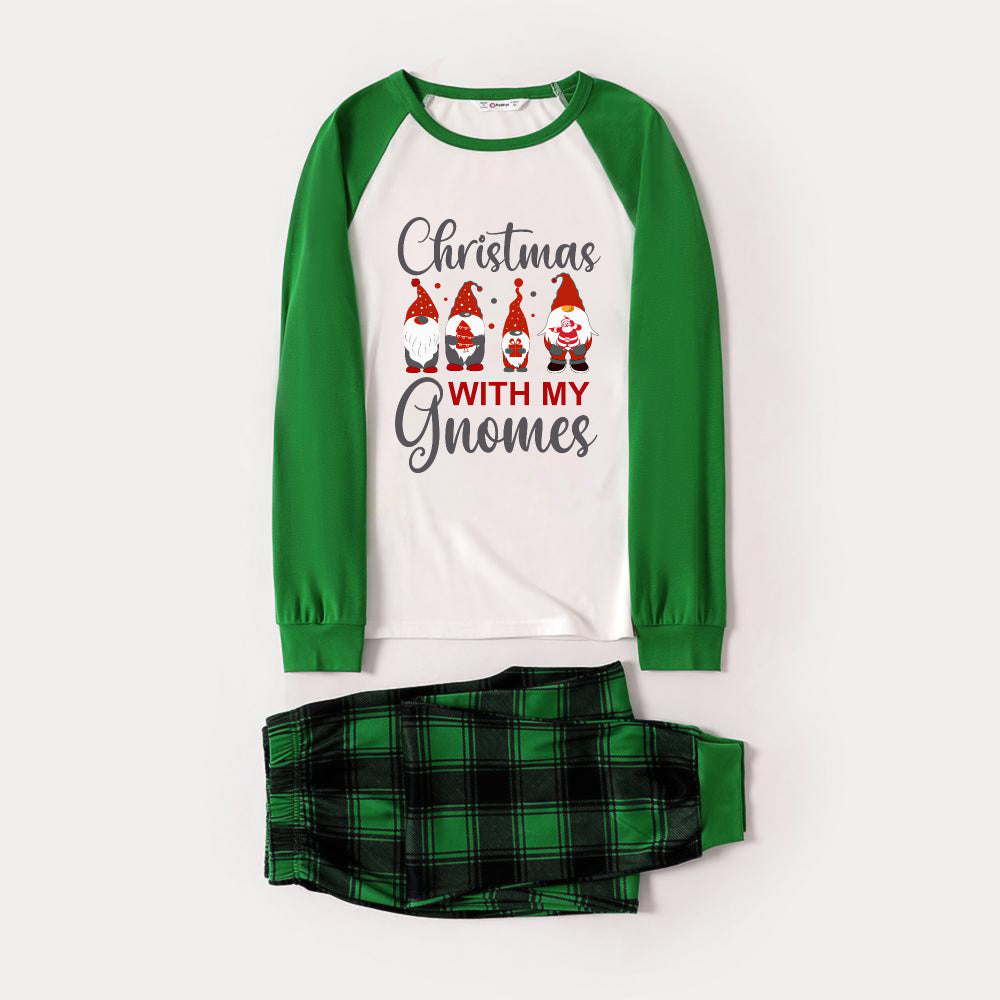WW | Green Raglan Top Green Plaid Christmas Pajama Set with "Christmas WITH MY Gnomies" Red and Gray Cartoon Pattern Print