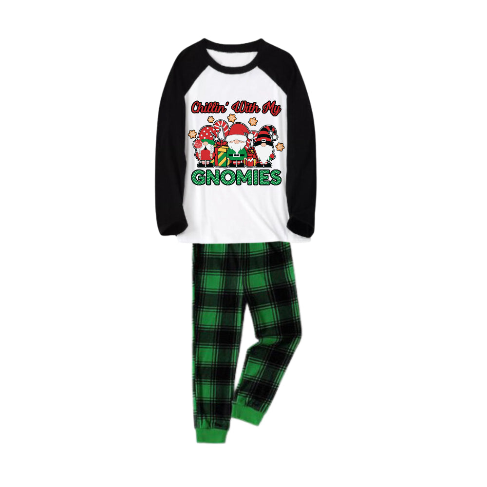 WW | Schwarzes Raglan-Oberteil Grüner Karierter Weihnachts-Pyjama-Set mit niedlichem Gnom und Feiertagstext