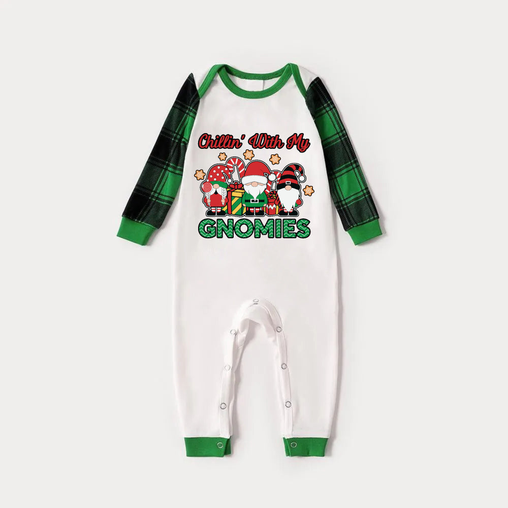 WW | Green Raglan Top Green Plaid Christmas Pajama Set with "Chillin With My GNOMIES" Green and Red Gnome Print