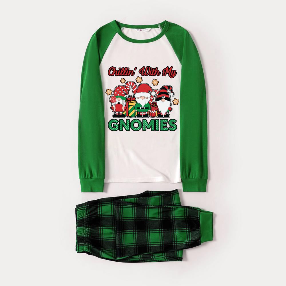 WW | Green Raglan Top Green Plaid Christmas Pajama Set with "Chillin With My GNOMIES" Green and Red Gnome Print