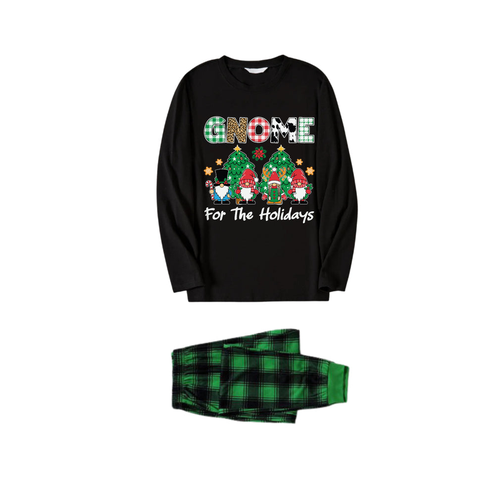WW | Christmas Family Matching Pajamas - Black Top and Green Plaid Pants Pajama Set with "Gnome For The Holidays" Print