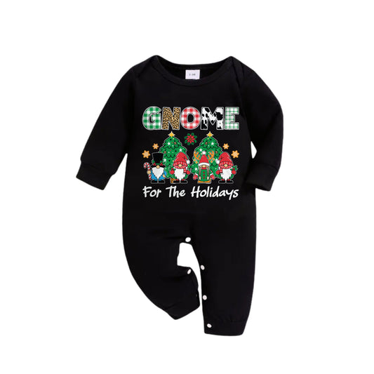 WW | Christmas Family Matching Pajamas - Black Top and Green Plaid Pants Pajama Set with "Gnome For The Holidays" Print