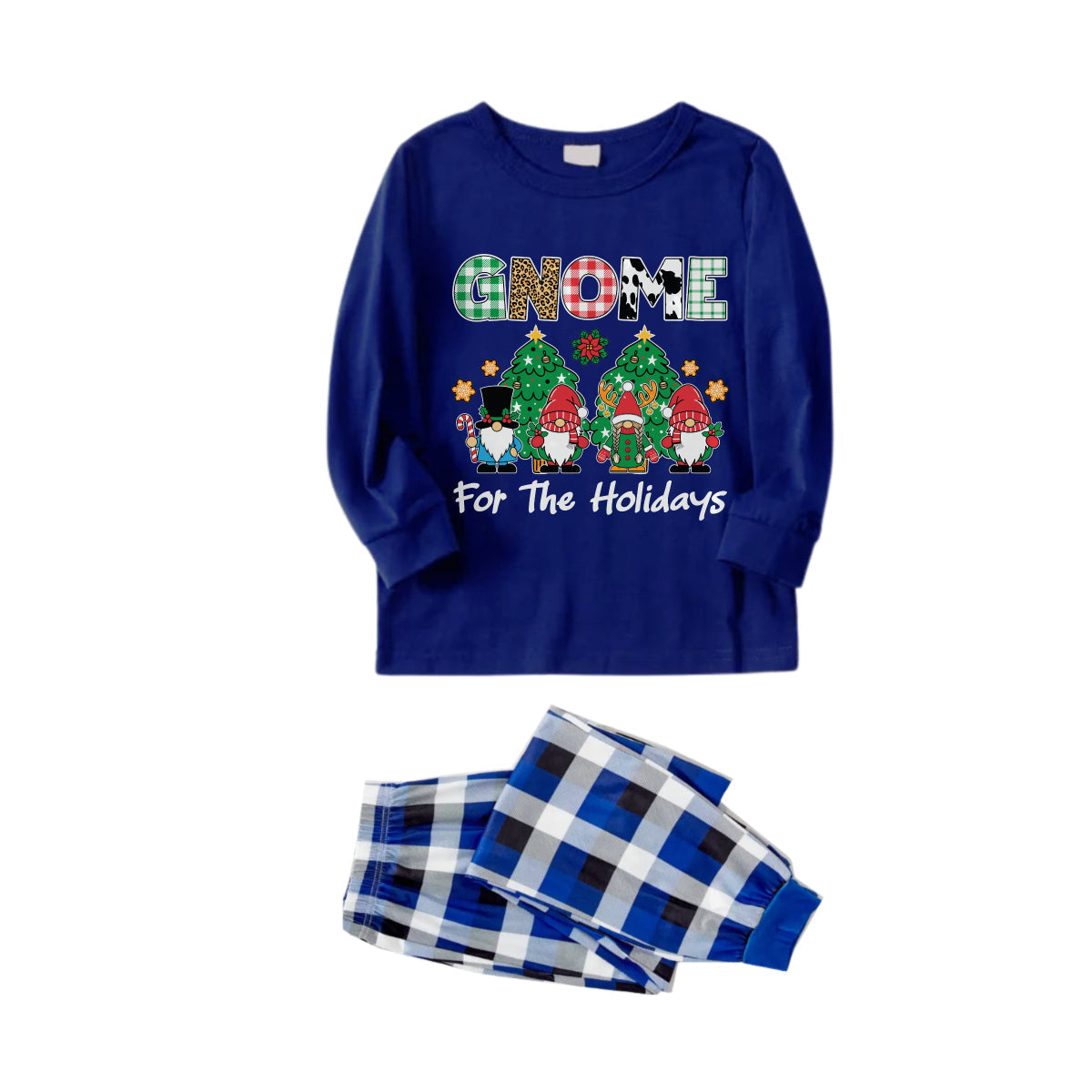 WW | Christmas Family Matching Pajamas - Navy & White Plaid PJs Set With "Gnome For The Holidays" Print