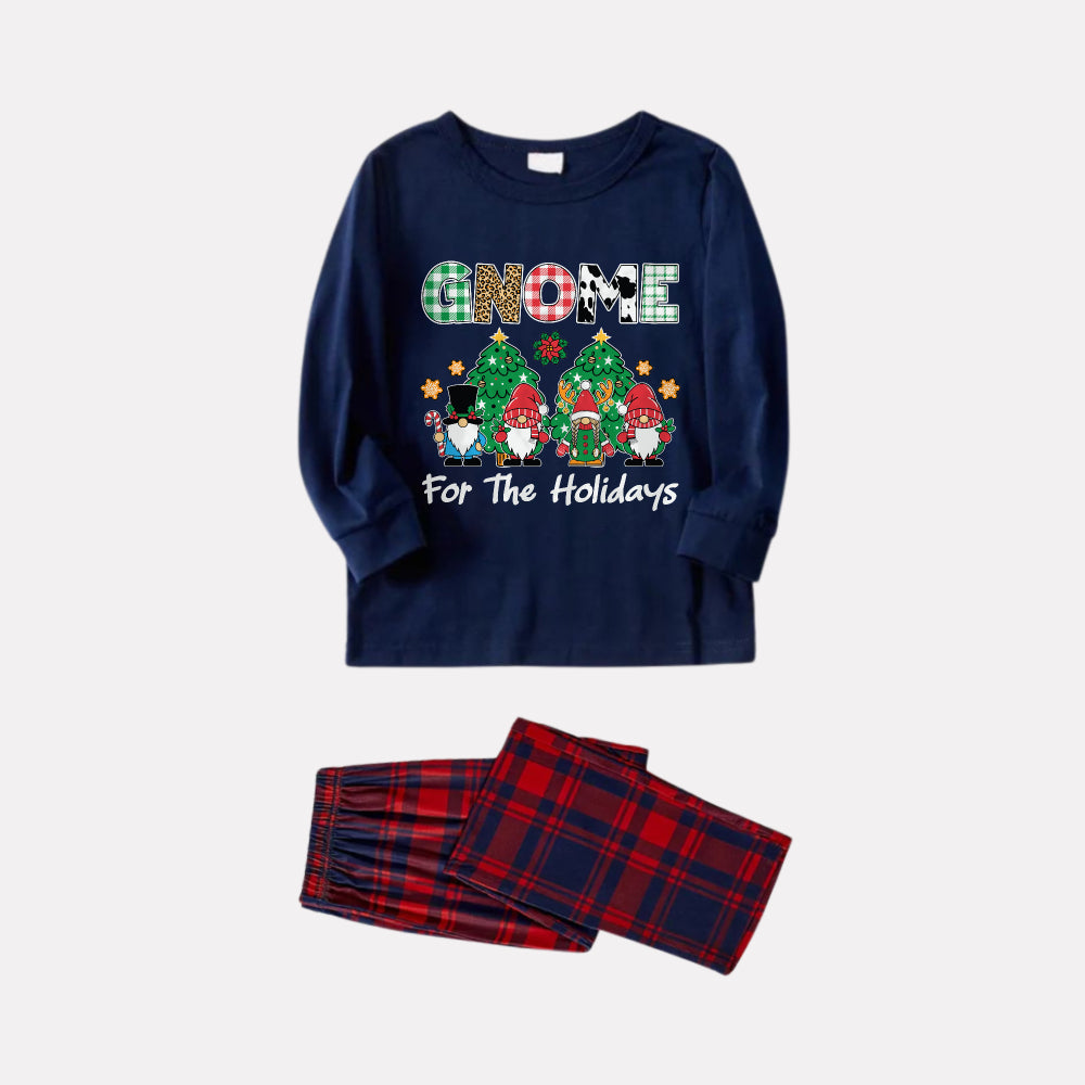 WW | Christmas Family Matching Pajamas - Navy & Red Plaid Pj Set with "Gnome For The Holidays" Slogan Print