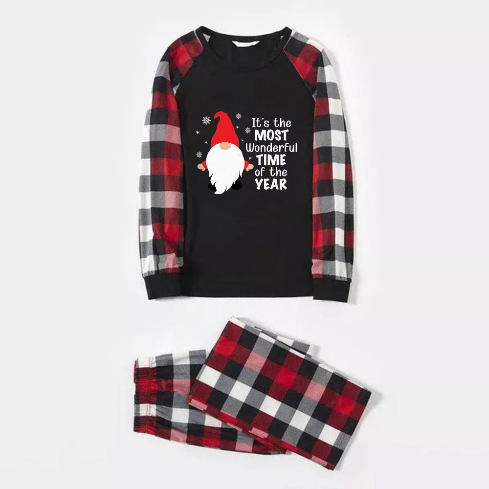 WW | Christmas Family Matching Pajamas - Red and Gray Plaid Fabric Pajama Set with "It's the Most Wonderful Time of the Year" and Gnome Print