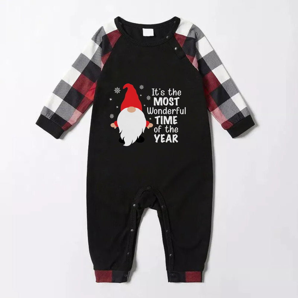 WW | Christmas Family Matching Pajamas - Red and Gray Plaid Fabric Pajama Set with "It's the Most Wonderful Time of the Year" and Gnome Print