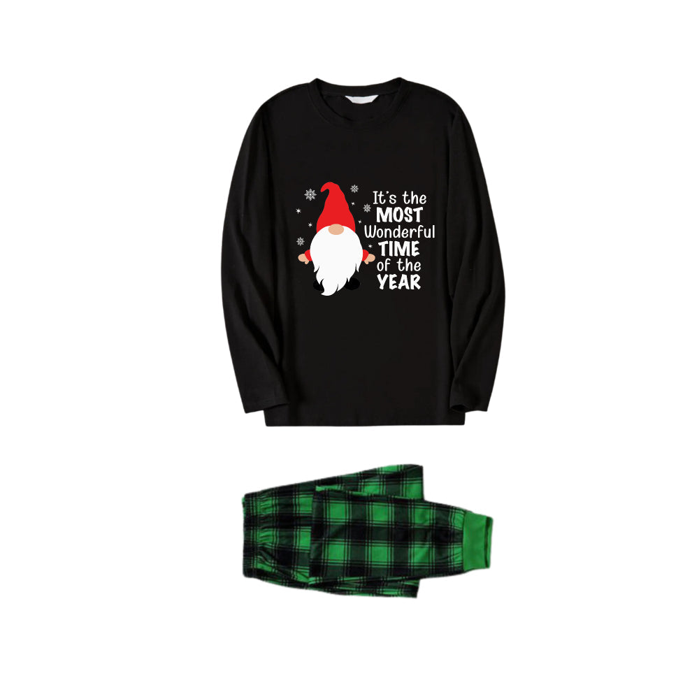 WW | Christmas Family Matching Pajamas - Black Top and Green Plaid Pants PJ Set with Cute Gnome and Christmas Slogan Print