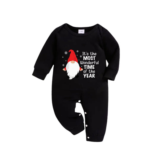 WW | Christmas Family Matching Pajamas - Black Top and Green Plaid Pants PJ Set with Cute Gnome and Christmas Slogan Print