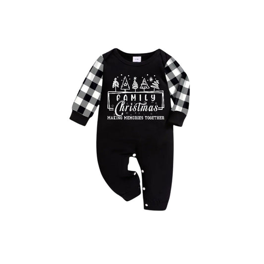 WW | Black and white checkered short sleeve Christmas sleepsuit with tree and festive text design