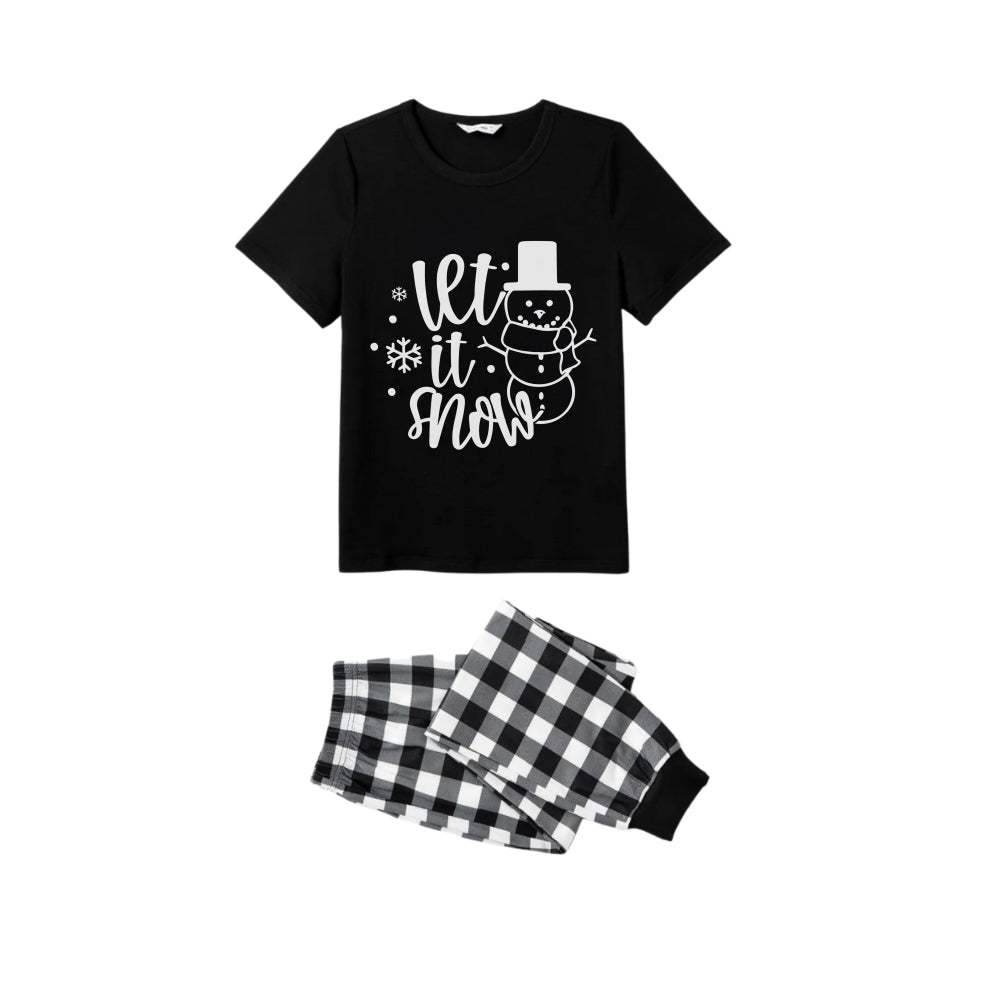 WW | Black and White Plaid Short-Sleeved Christmas Pajama Set with Snowman and Slogan Designs