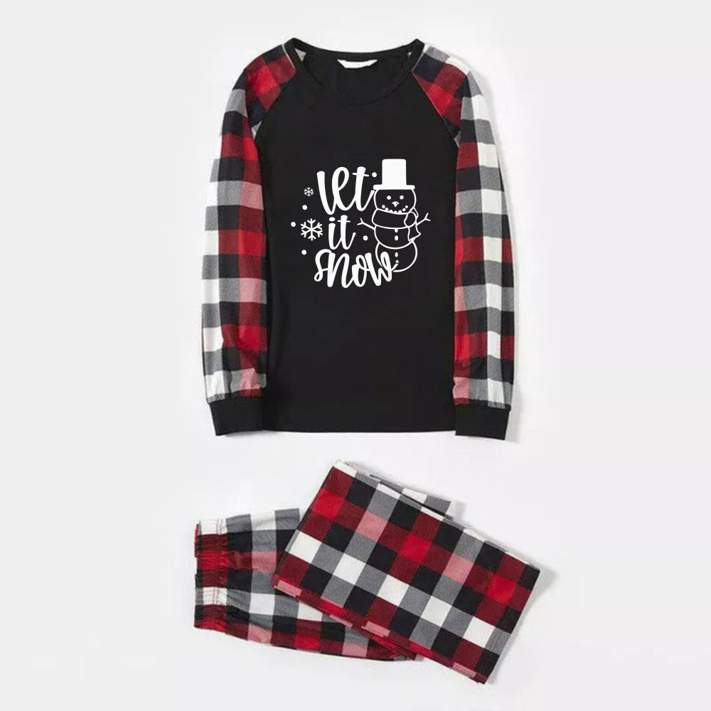 WW | Christmas Family Matching Pajamas - Red and Grey Plaid PJs Set with "Let It Snow" Black and White Text Print