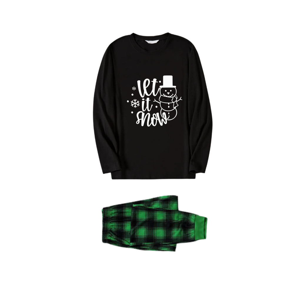 WW | Christmas Family Pyjamas - Black Top and Green Plaid Trousers Pj Set with Snowman and Christmas Slogan Print