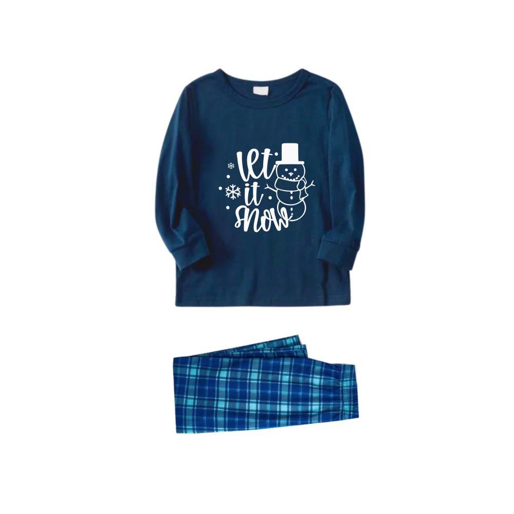 WW | Christmas Family Pyjama Set in Navy & Sky Blue Check with "Let it Snow" and Snowman Cartoon Print