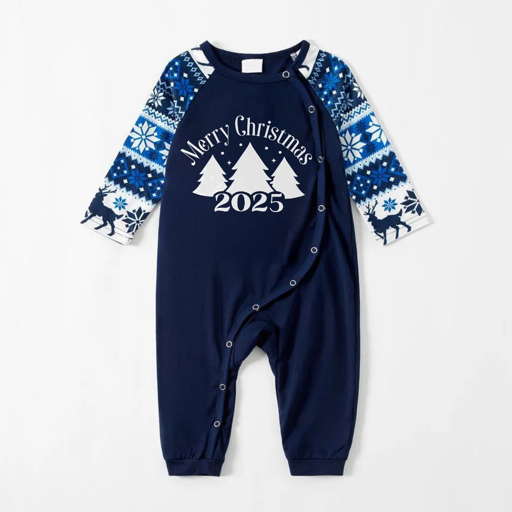 WW | Fröhliche blaue Weihnachts-Pyjama-Sets mit Weihnachtsbaum- und Slogan-Designs