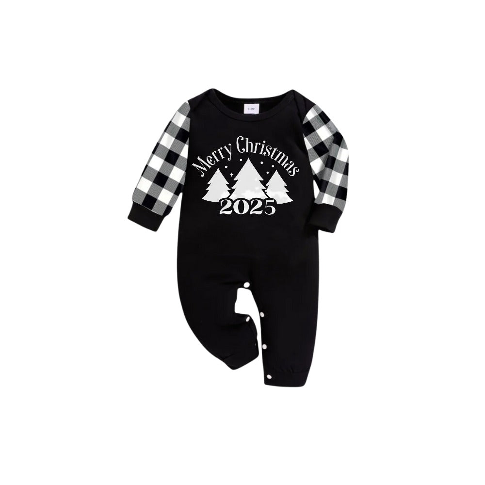 WW | Black and white checked short sleeve Christmas pajama set with Christmas tree and slogan designs
