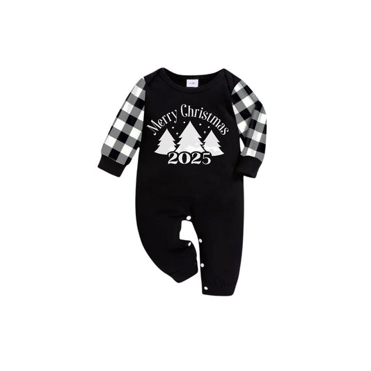 WW | Black and white checked short sleeve Christmas pajama set with Christmas tree and slogan designs