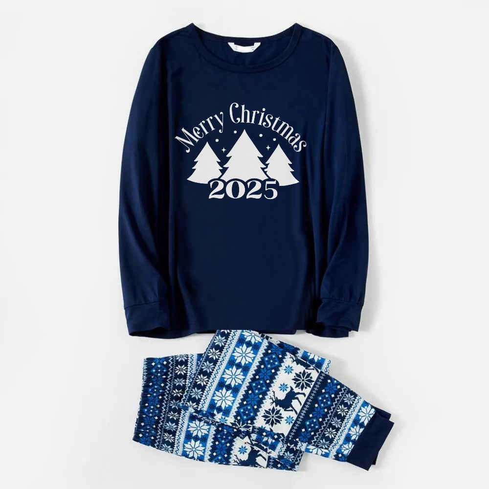 WW | Fröhliche blaue Weihnachts-Pyjama-Sets mit Weihnachtsbaum- und Slogan-Designs