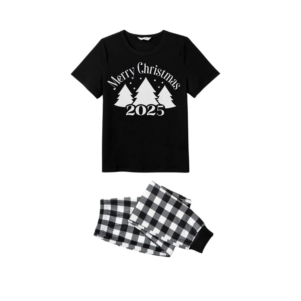 WW | Black and white checked short sleeve Christmas pajama set with Christmas tree and slogan designs