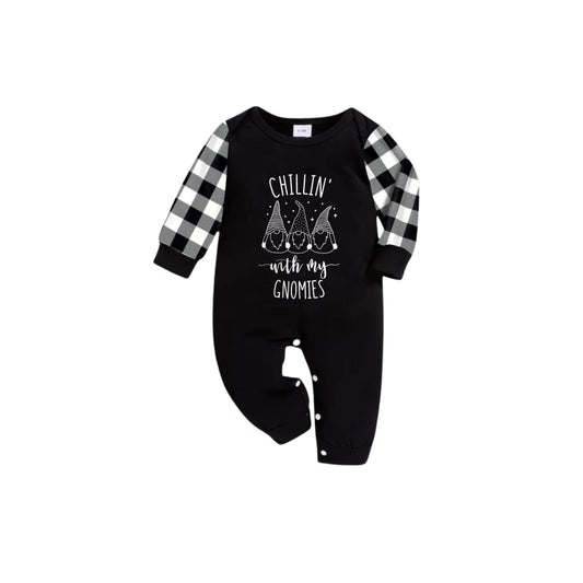 WW | Black and White Plaid Short Sleeve Christmas Pajama Set with Gnomes and Humorous Holiday Text Prints