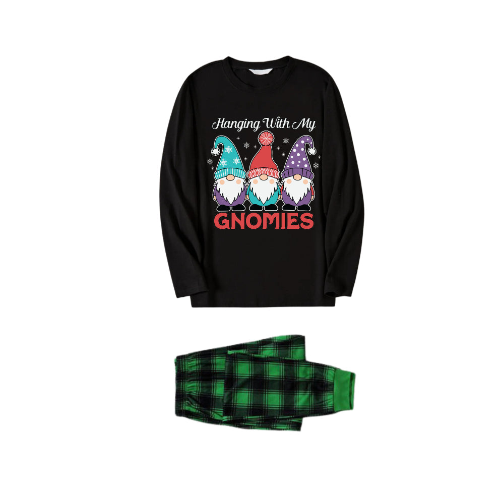 WW | Christmas Family Matching Pajamas - Black Top and Green Plaid Pants PJs Set with Gnome Family and Christmas Slogan Print