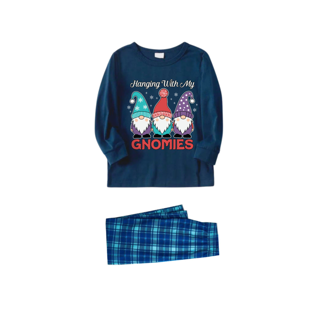 WW | Christmas Family Matching Pajamas-Navy & Sky Blue Plaid Pajama Set with "Hangin' with my Gnomies" and Gnome Cartoon Print
