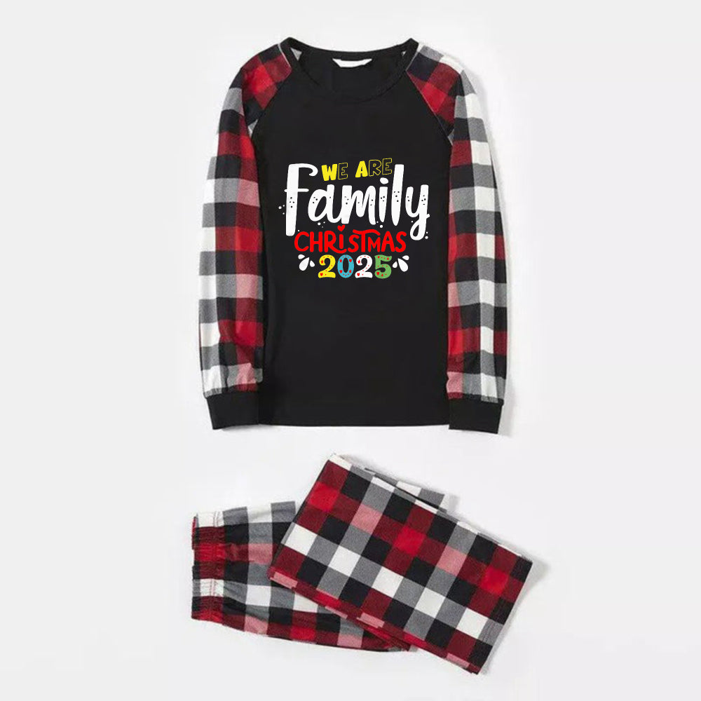 WW | Christmas Family Matching Pajamas - Red and Grey Plaid PJs Set with "We Are Family" Christmas Slogan Print