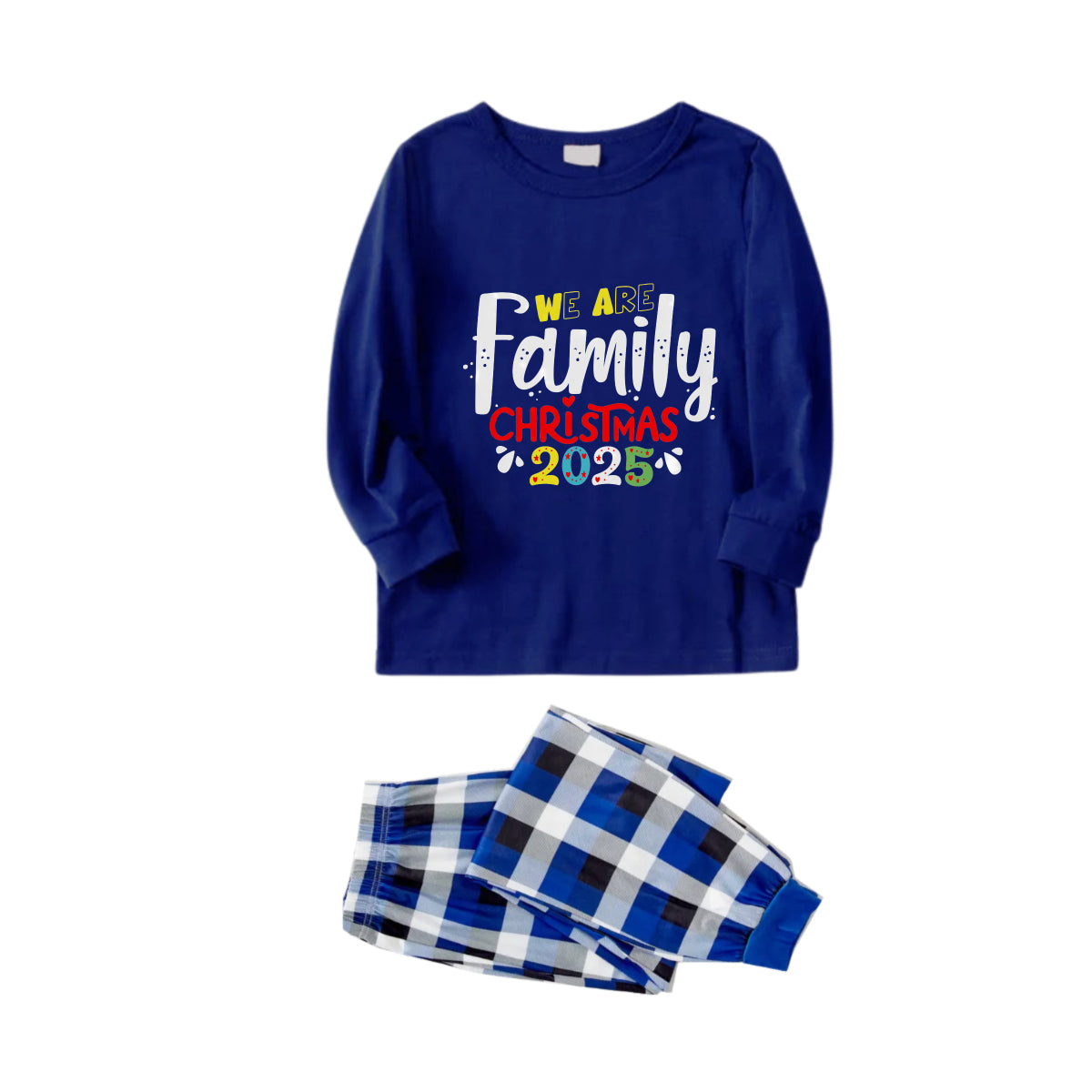 WW | Matching Family Christmas Pajamas - Navy and White Plaid Pj Set with "We Are Family Christmas 2025" Multicolor Text Print
