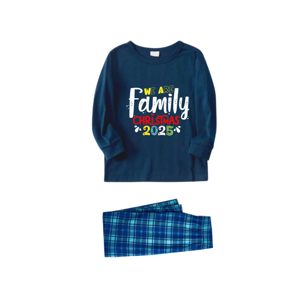 WW | Christmas Family Matching Pajamas - Navy & Sky Blue Plaid PJs Set with "We Are Family Christmas 2025" Artistic Font Print